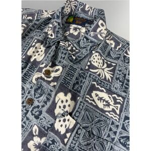 Vintage Men's Roundy Bay‎ Hawaiian Shirt Size Large Blue Floral Rayon EUC